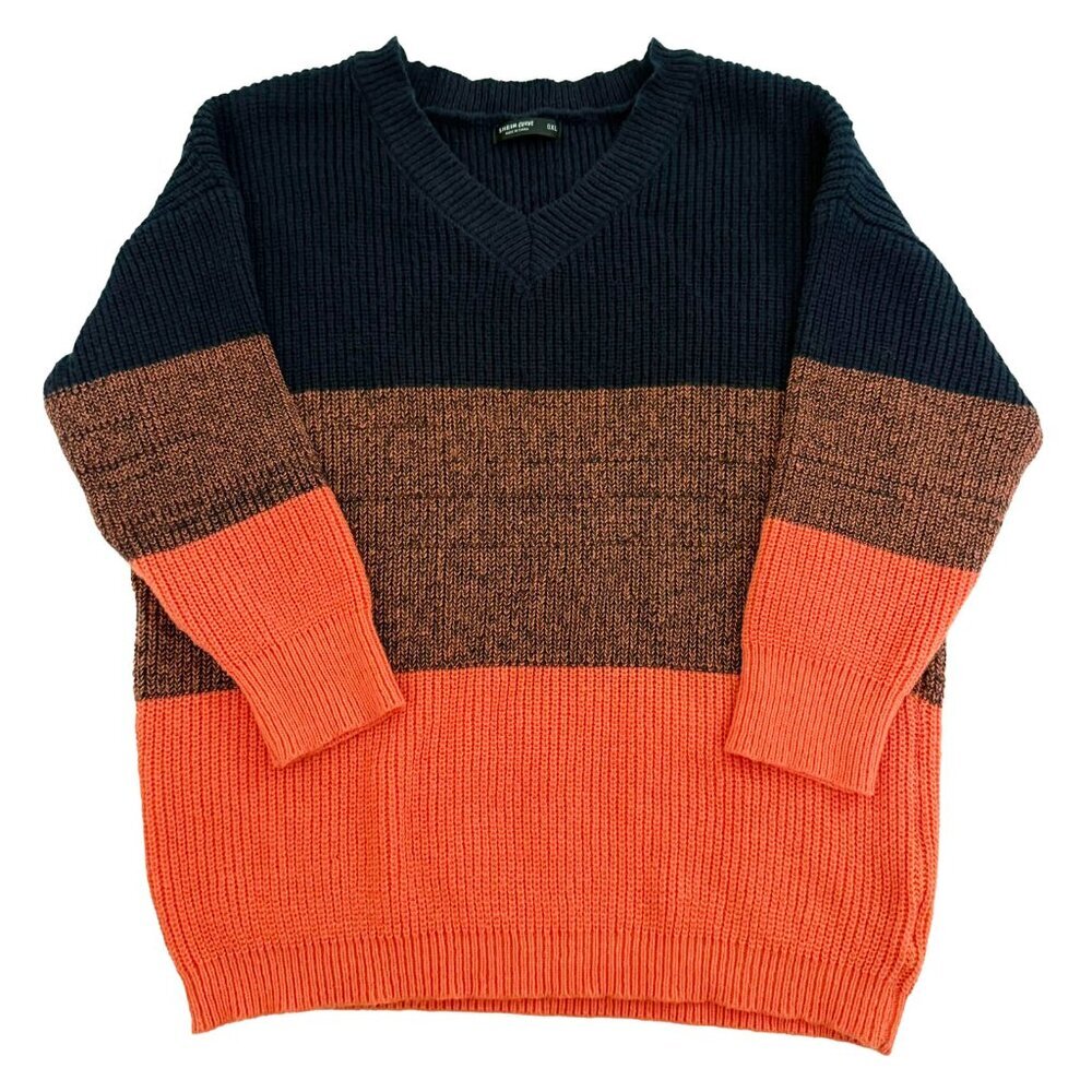 SHEIN 0XL Plus Size Oversized V-Neck Color Block Drop Shoulder Sweater